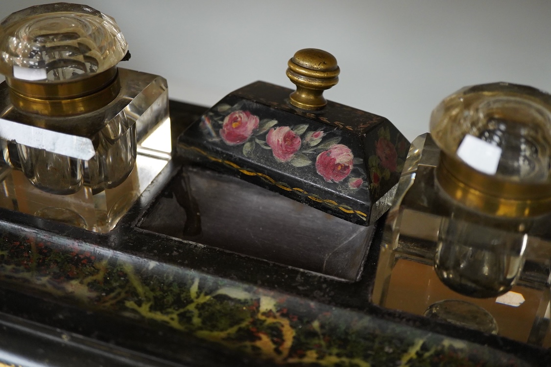 A 19th century painted black slate desk stand with two glass ink wells, 30cm wide